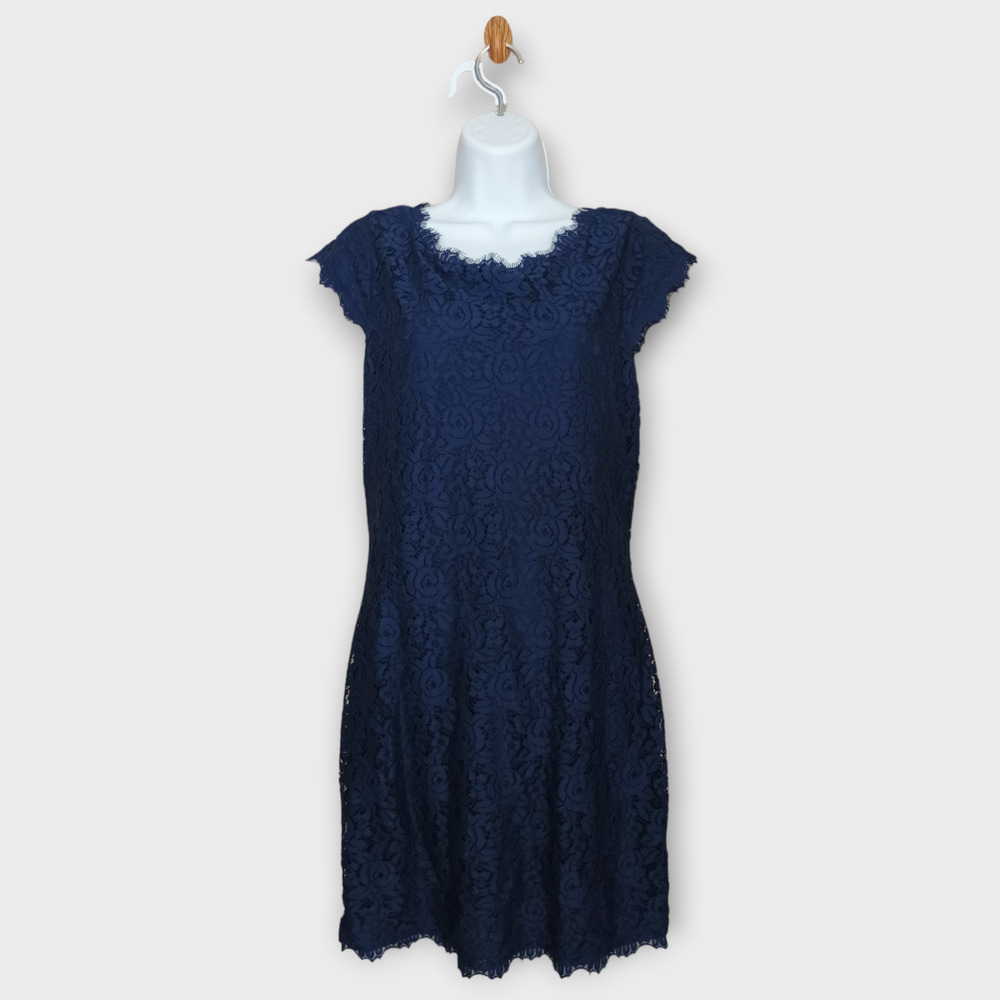 Diane Von Furstenberg Dress Women's 6 Navy Blue Barbara Lace Cap Sleeve Sheath